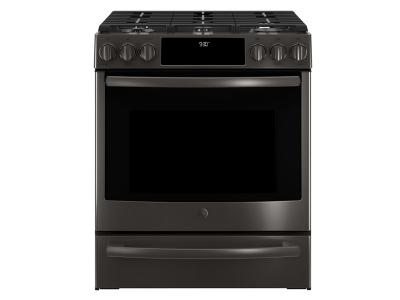 30" GE Profile Slide-In Front Control Premium Black Stainless Steel Appearance, 5.6 cu. Ft. Self-Cleaning Convection Gas Range - PCGS930BELTS