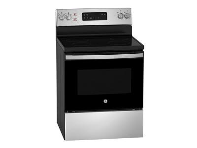 30" GE  5.0 cu. Ft. Freestanding Electric Standard Clean Range with Hi - Lo Broil Dual Bake Element and Storage Drawer - JCBS630SVSS