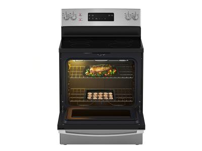 30" GE  5.0 cu. Ft. Freestanding Electric Standard Clean Range with Hi - Lo Broil Dual Bake Element and Storage Drawer - JCBS630SVSS